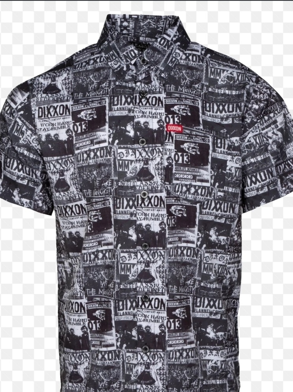 DIXXON Black & White Graphic Poster-Print Short Sleeve Button-Down Shirt